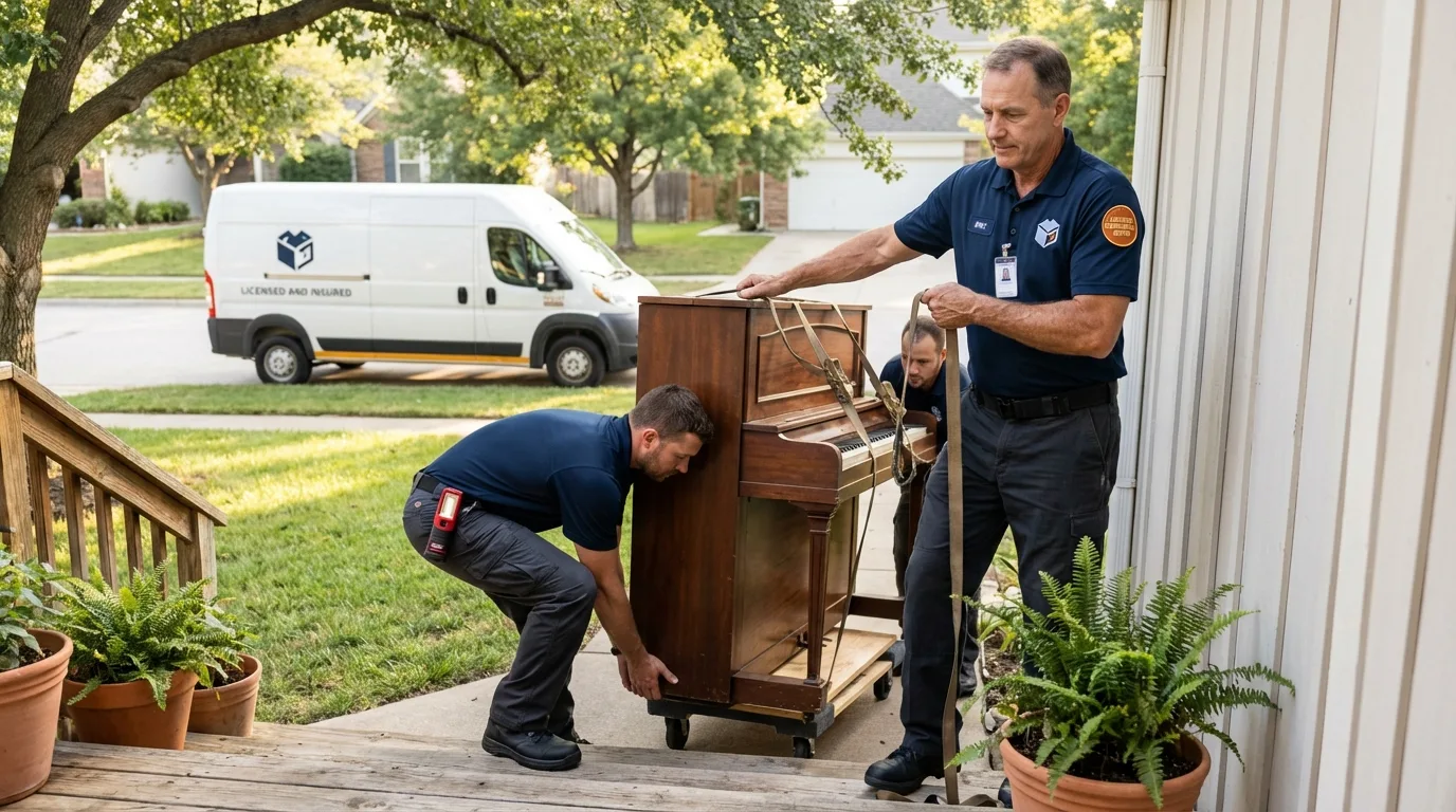 Licensed piano movers securing grand piano in Bridgeport, OH