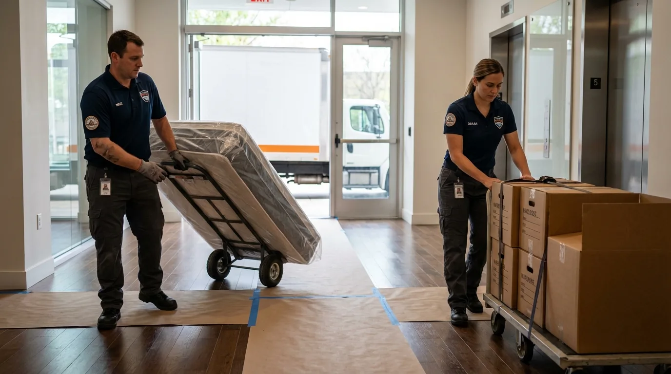 Professional apartment movers loading elevator in Bridgeport, OH